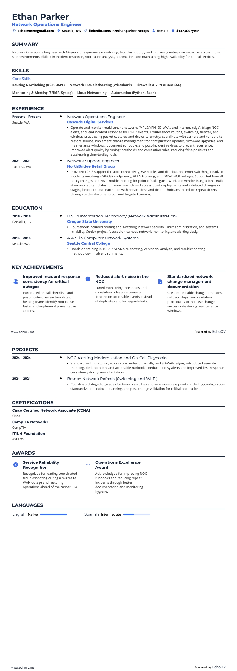 Kỹ sư vận hành mạng example resume