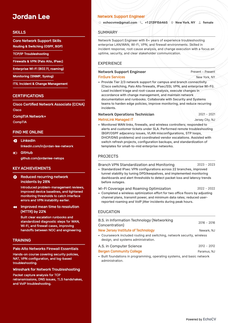 Kỹ sư hỗ trợ mạng example resume