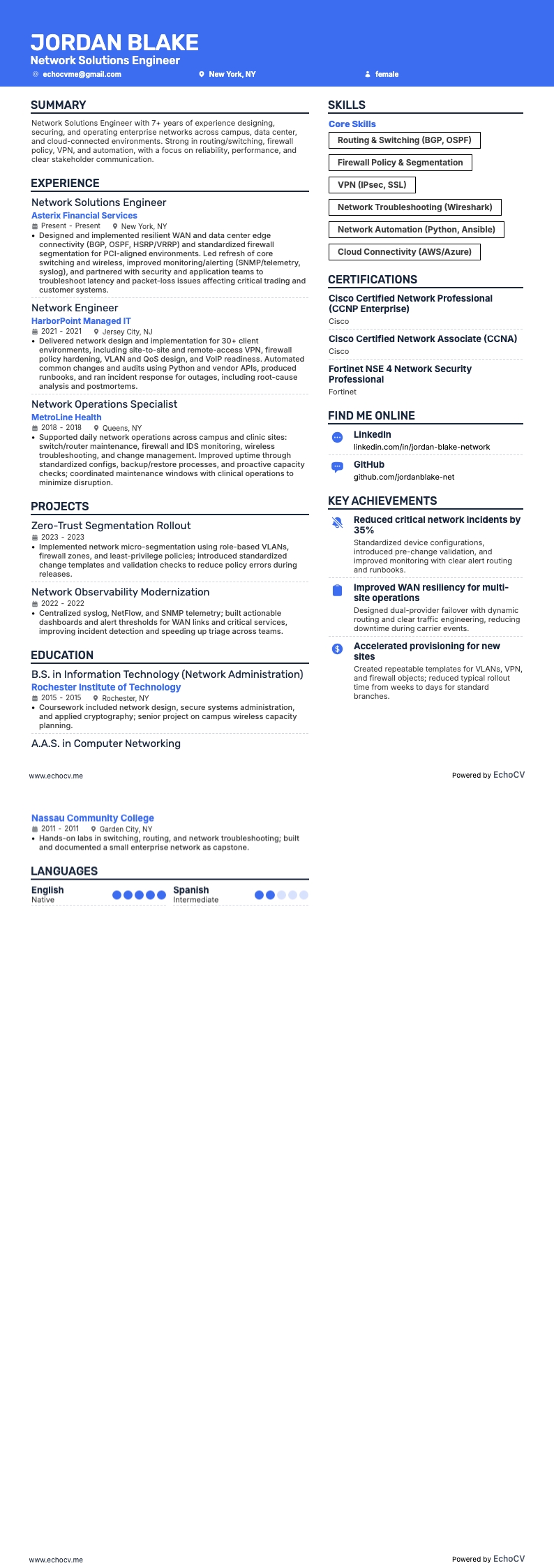 Kỹ sư giải pháp mạng example resume