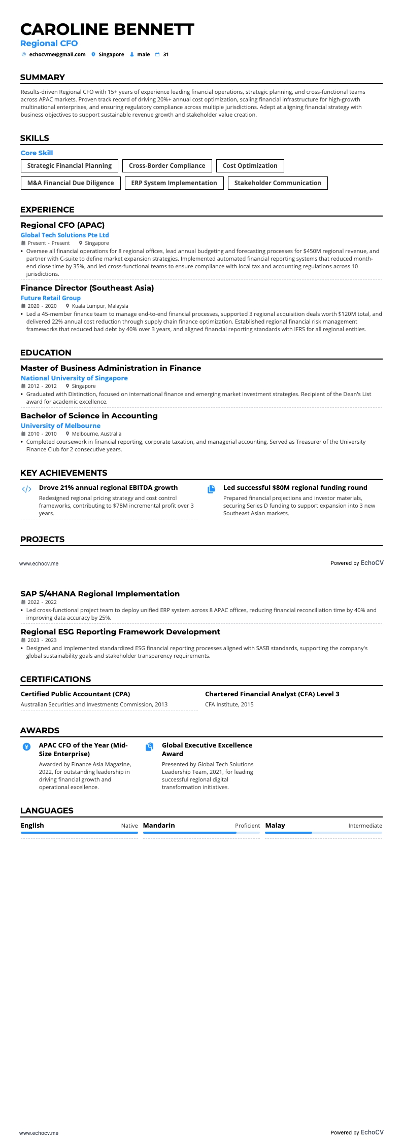 Regional CFO example resume