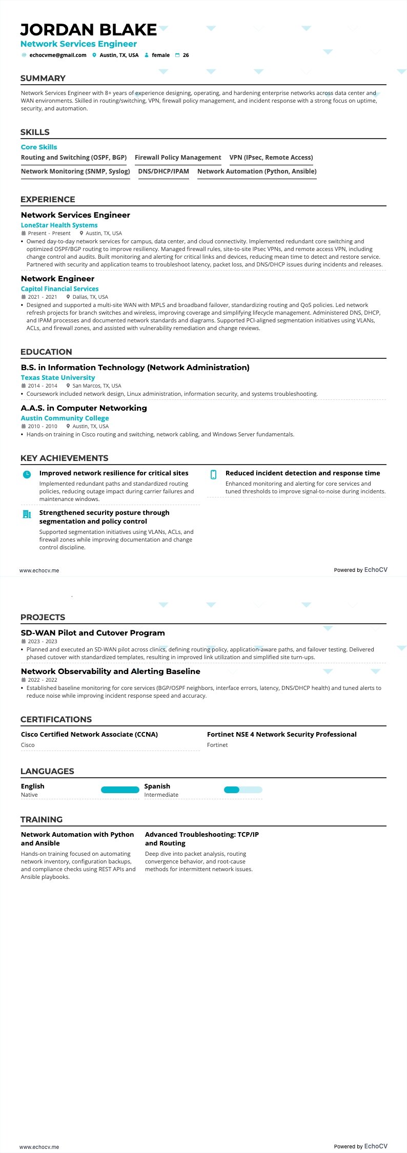 Kỹ sư dịch vụ mạng example resume