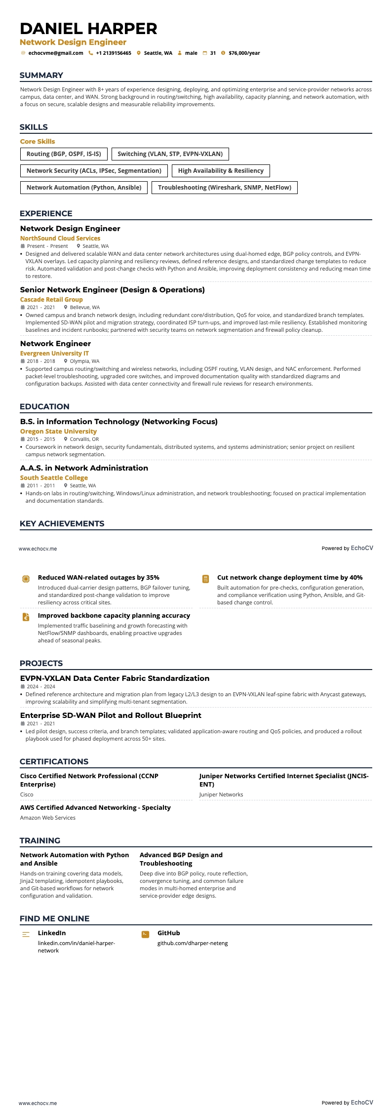 Kỹ sư thiết kế mạng example resume