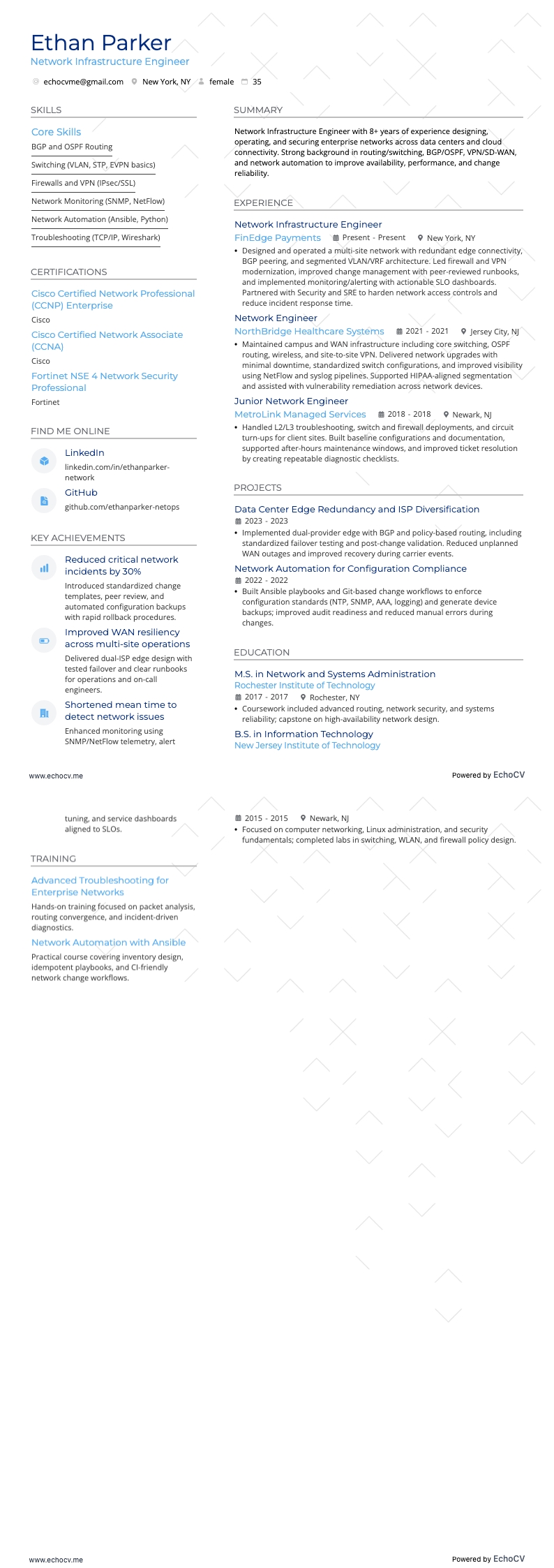 Kỹ sư hạ tầng mạng example resume