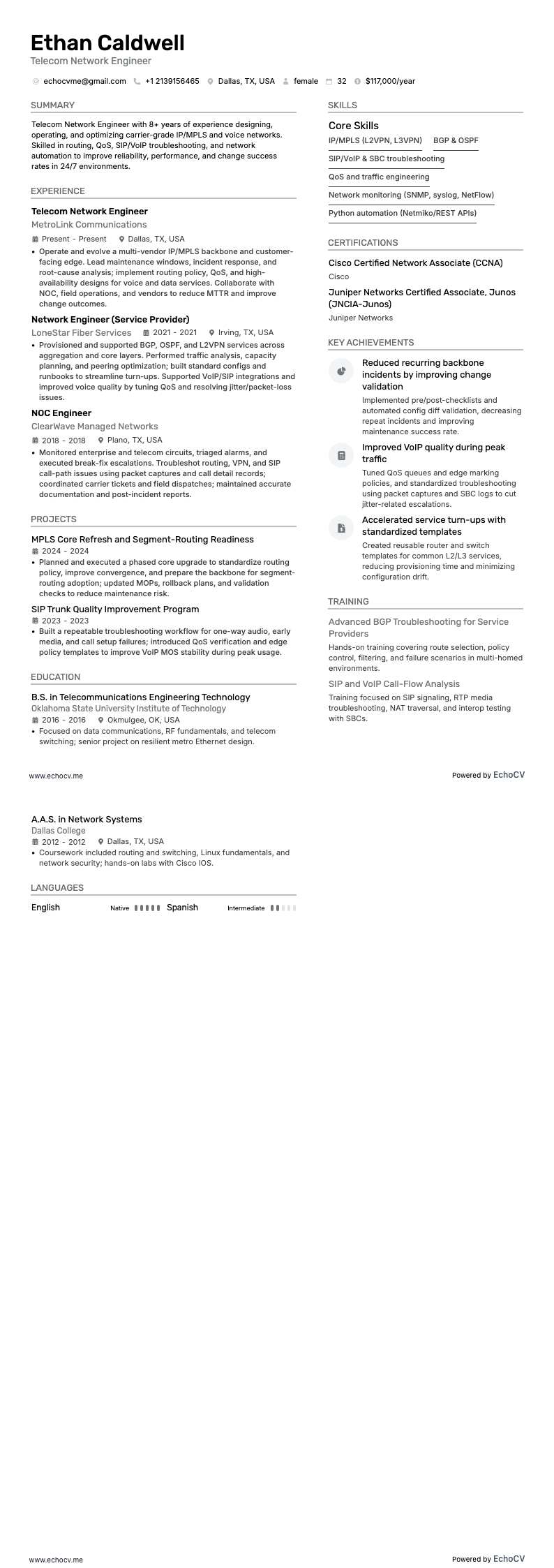 Kỹ sư mạng viễn thông example resume