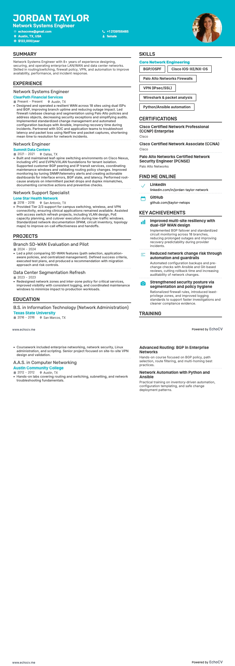 Kỹ sư hệ thống mạng example resume