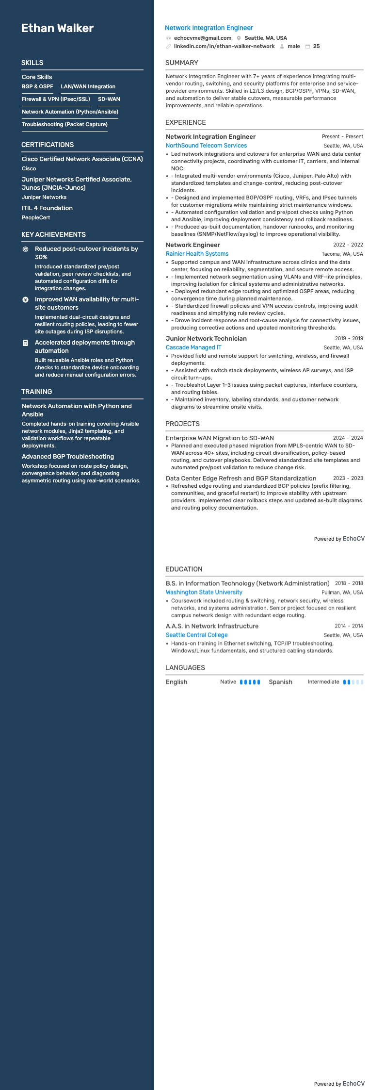 Kỹ sư tích hợp mạng example resume