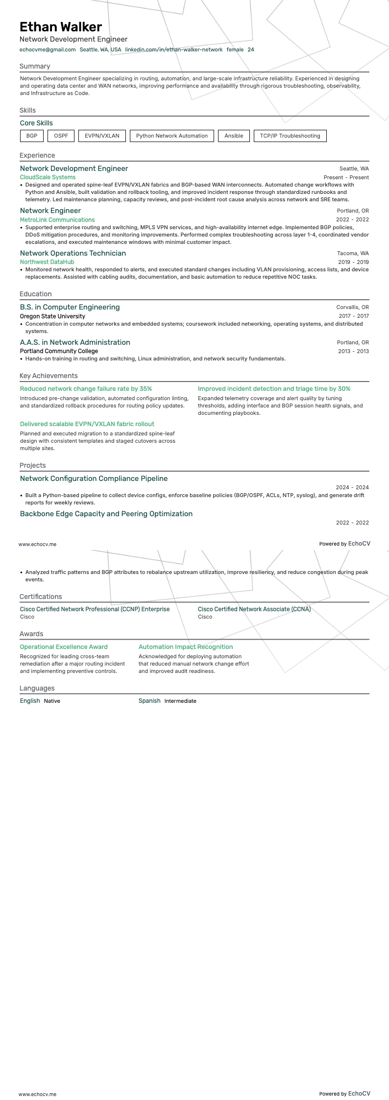 Kỹ sư phát triển mạng example resume