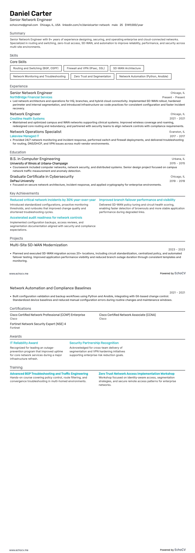 Kỹ sư mạng cao cấp example resume