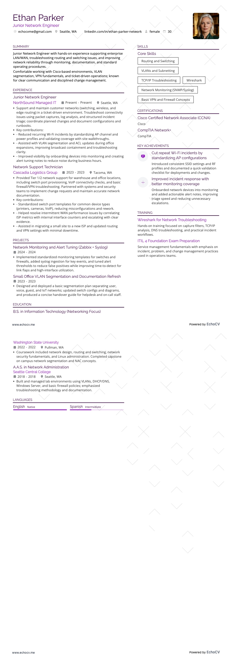 Kỹ sư mạng junior example resume