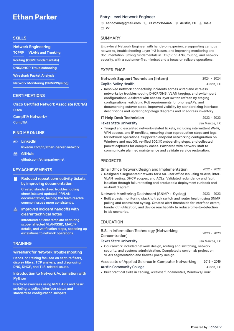 Kỹ sư mạng mới vào nghề example resume