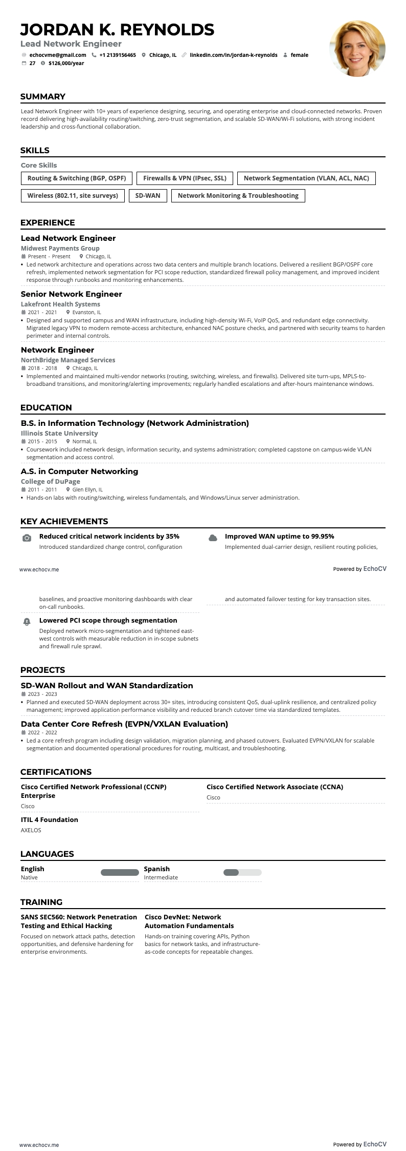 Kỹ sư mạng chính example resume