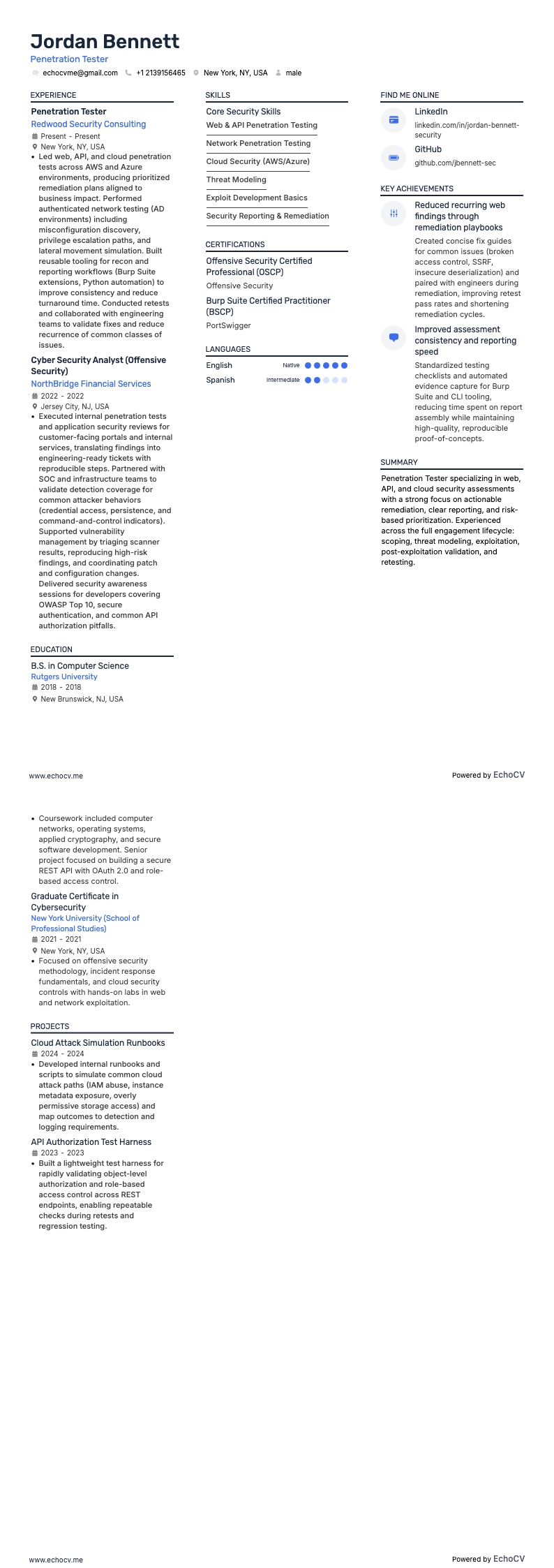 Penetration Tester example resume