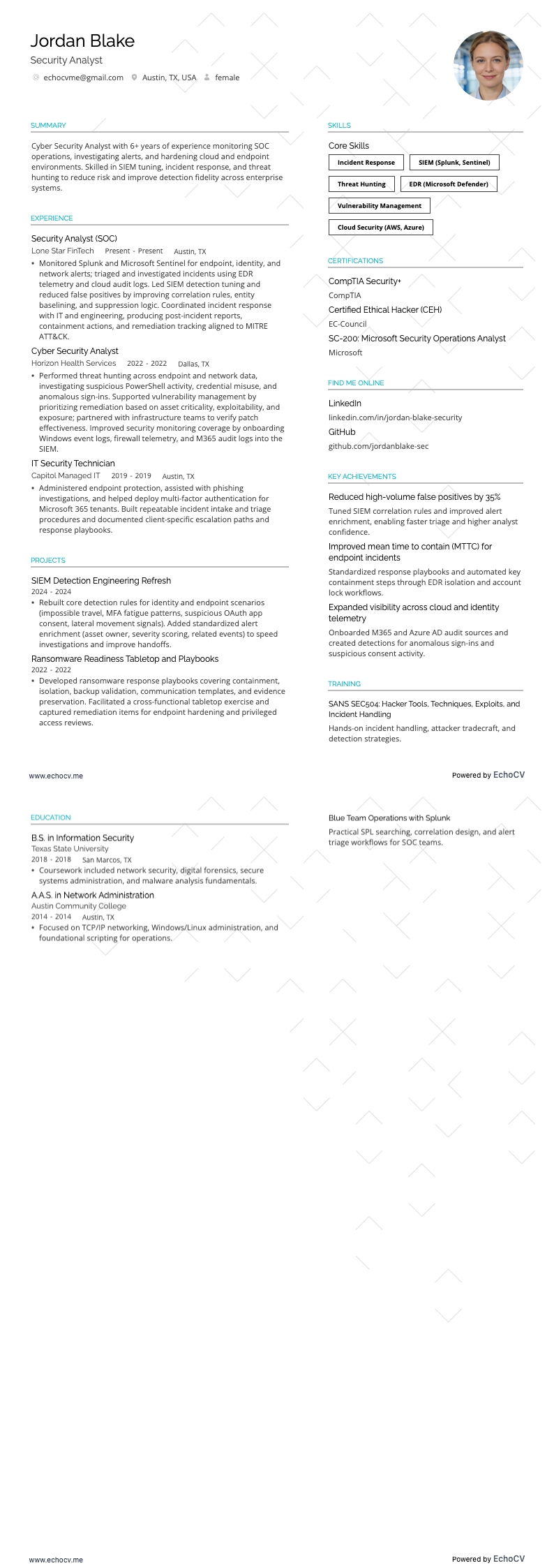 Security Analyst example resume