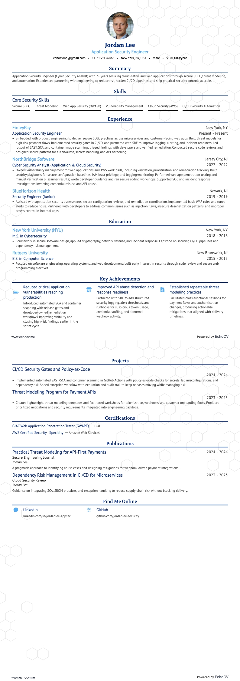 Application Security Engineer example resume
