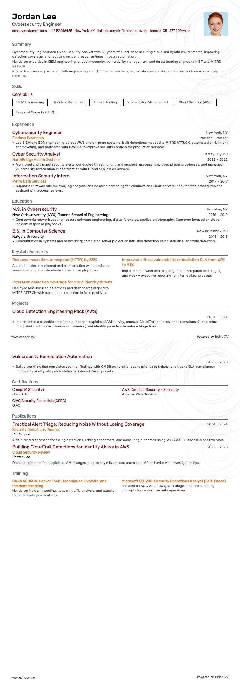 Cybersecurity Engineer example resume