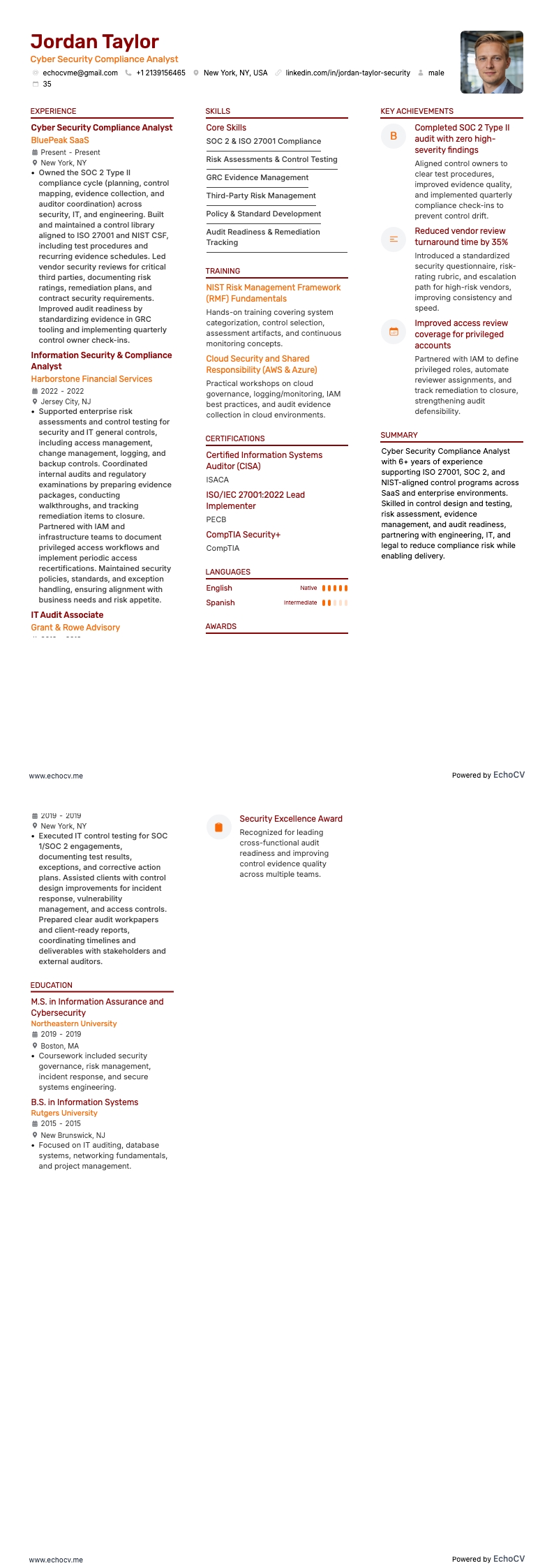 Cyber Security Compliance Analyst example resume
