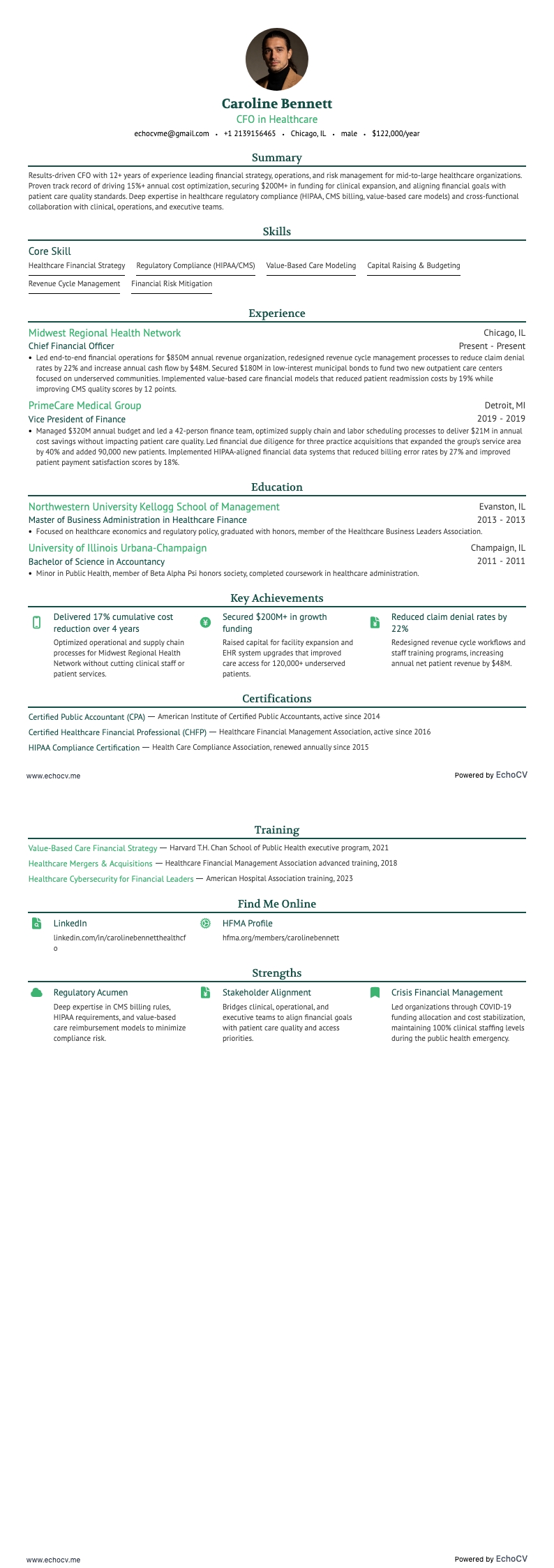 CFO in Healthcare example resume