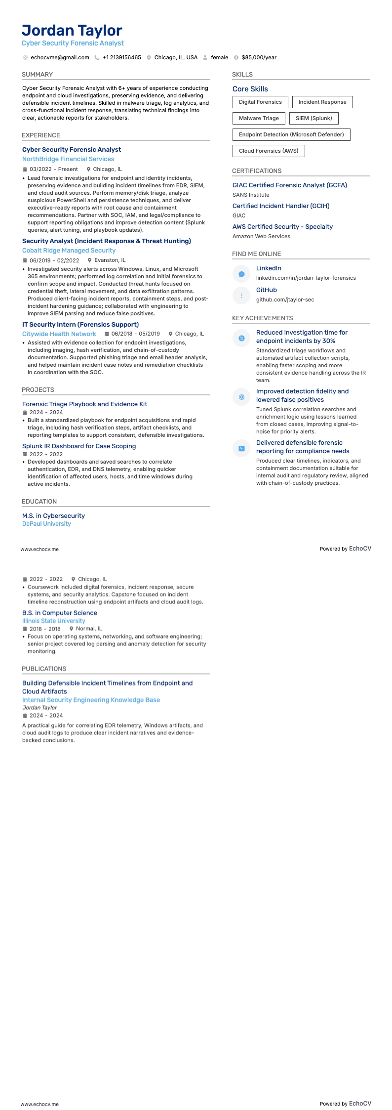 Cyber Security Forensic Analyst example resume