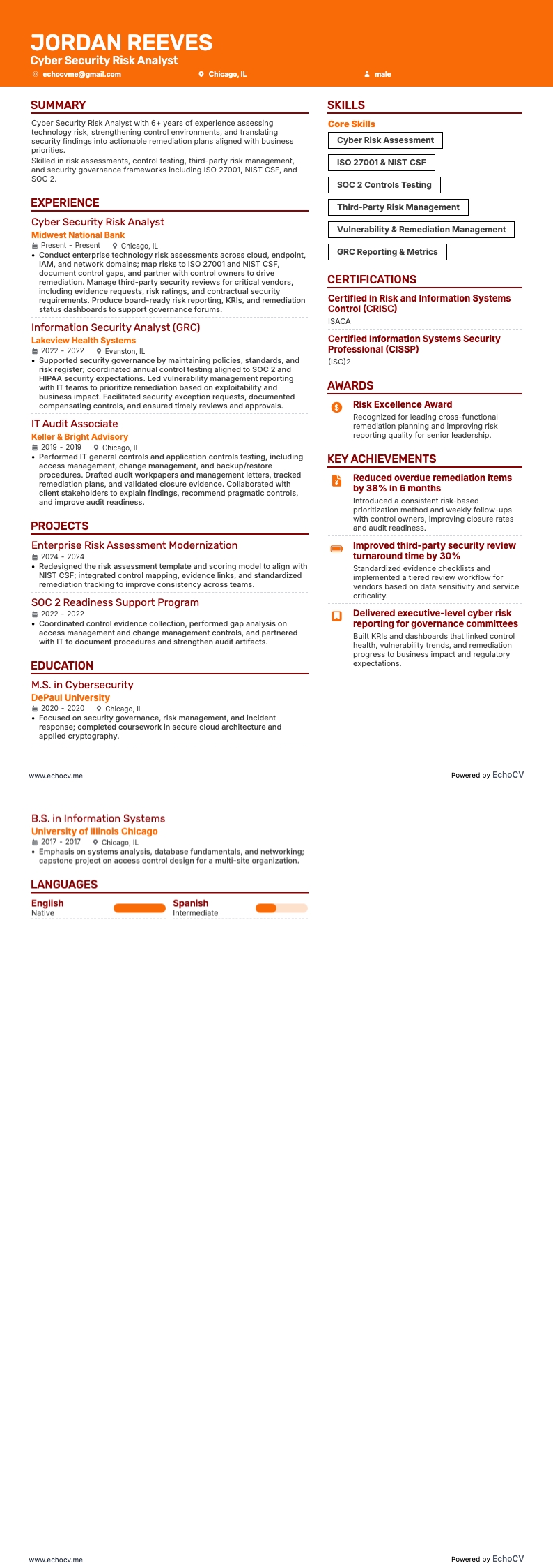 Cyber Security Risk Analyst example resume