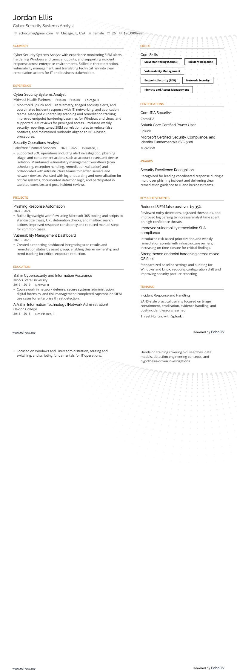 Cyber Security Systems Analyst example resume