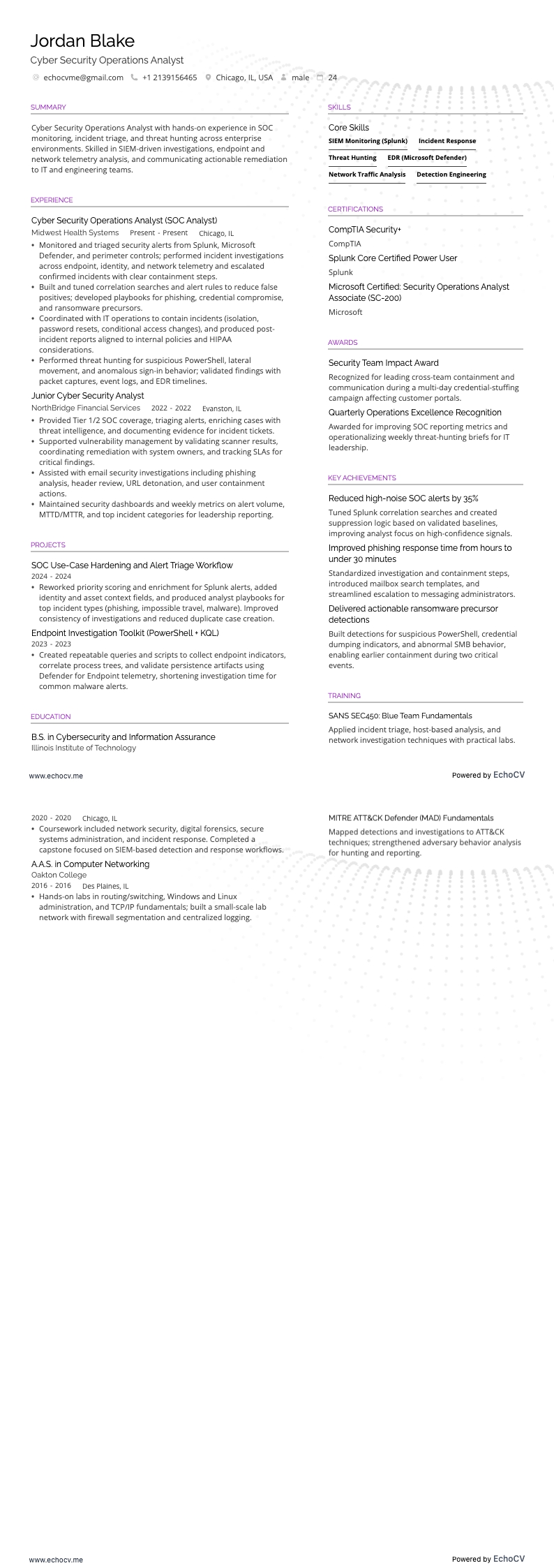 Cyber Security Operations Analyst example resume