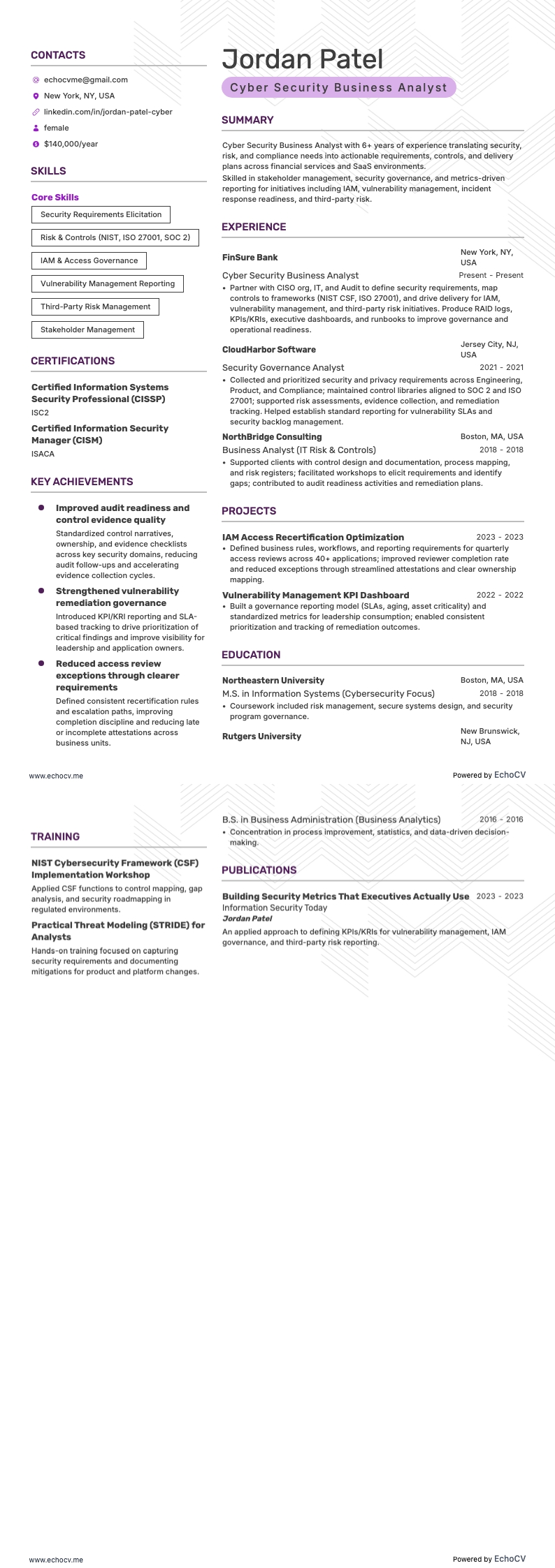 Cyber Security Business Analyst example resume