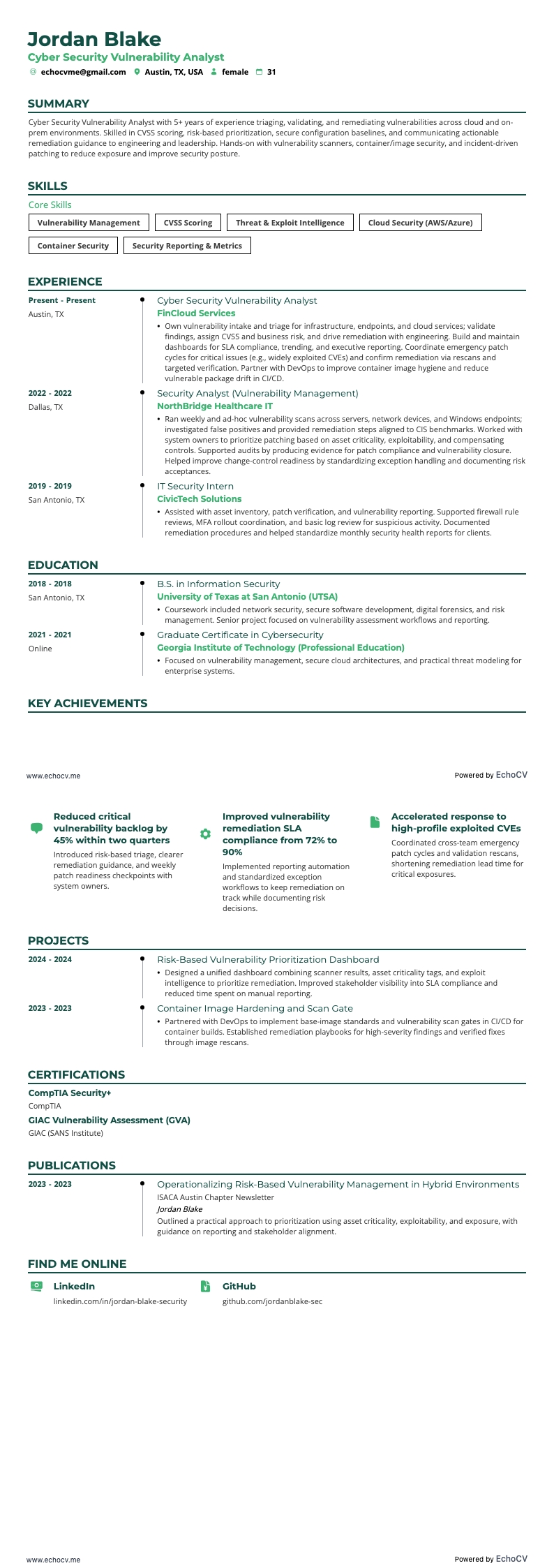 Cyber Security Vulnerability Analyst example resume
