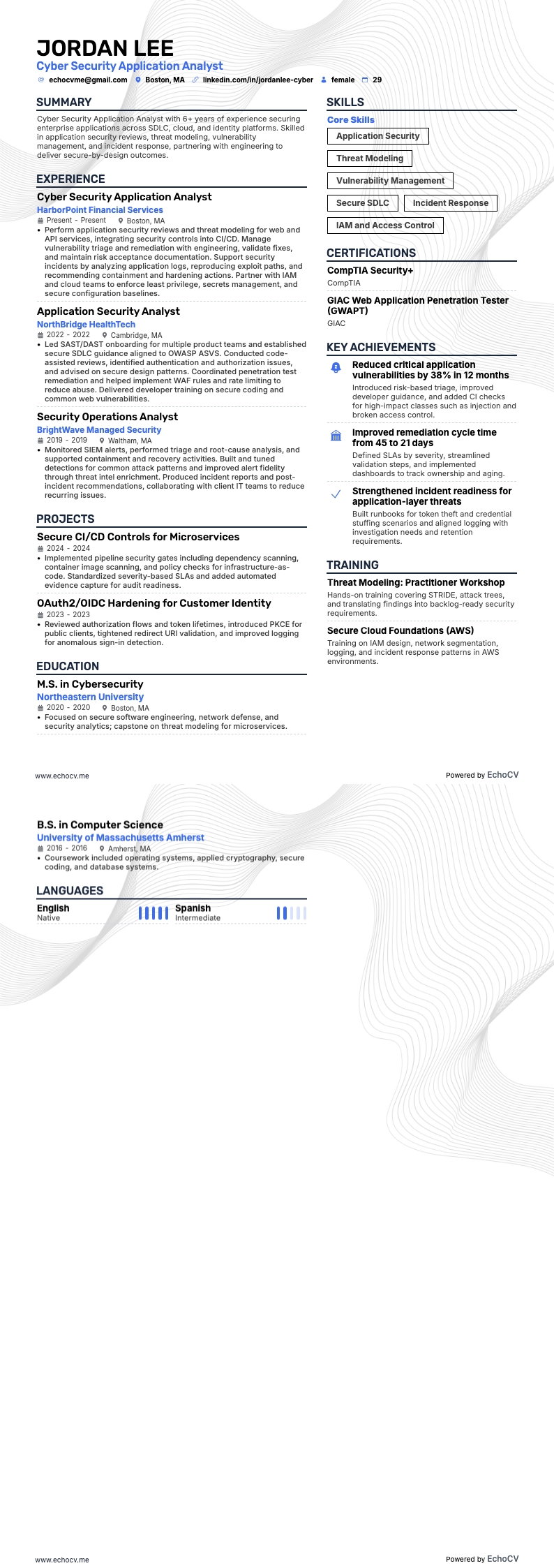 Cyber Security Application Analyst example resume