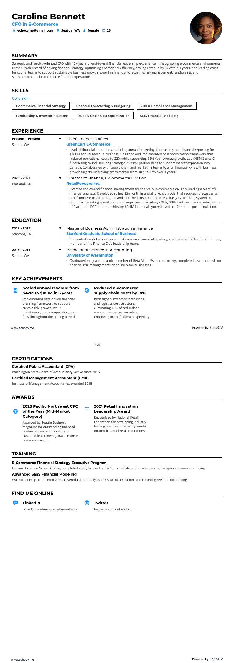 CFO in E-Commerce example resume
