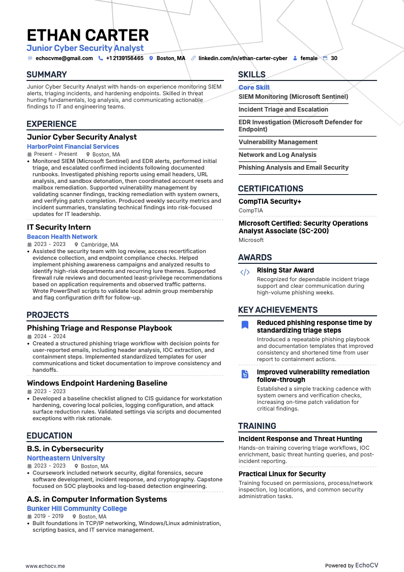 Junior Cyber Security Analyst example resume
