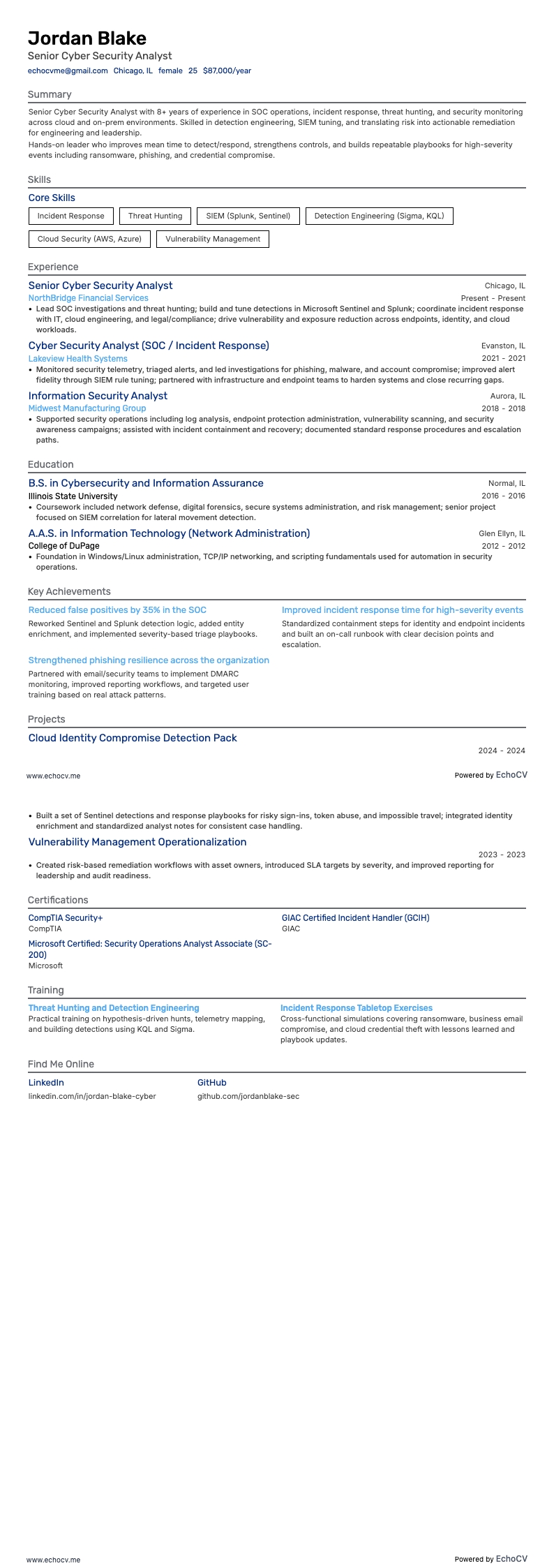 Senior Cyber Security Analyst example resume