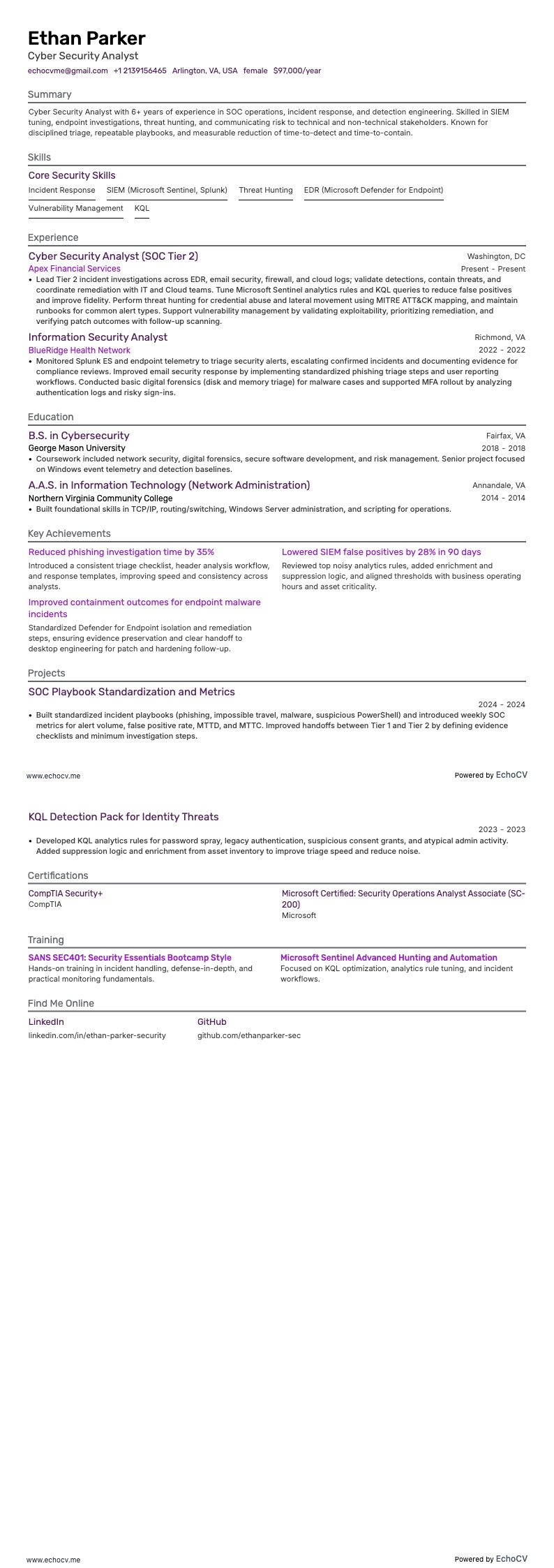 Cyber Security Analyst example resume