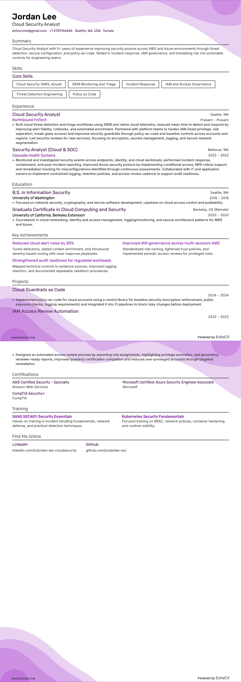 Cloud Security Analyst example resume