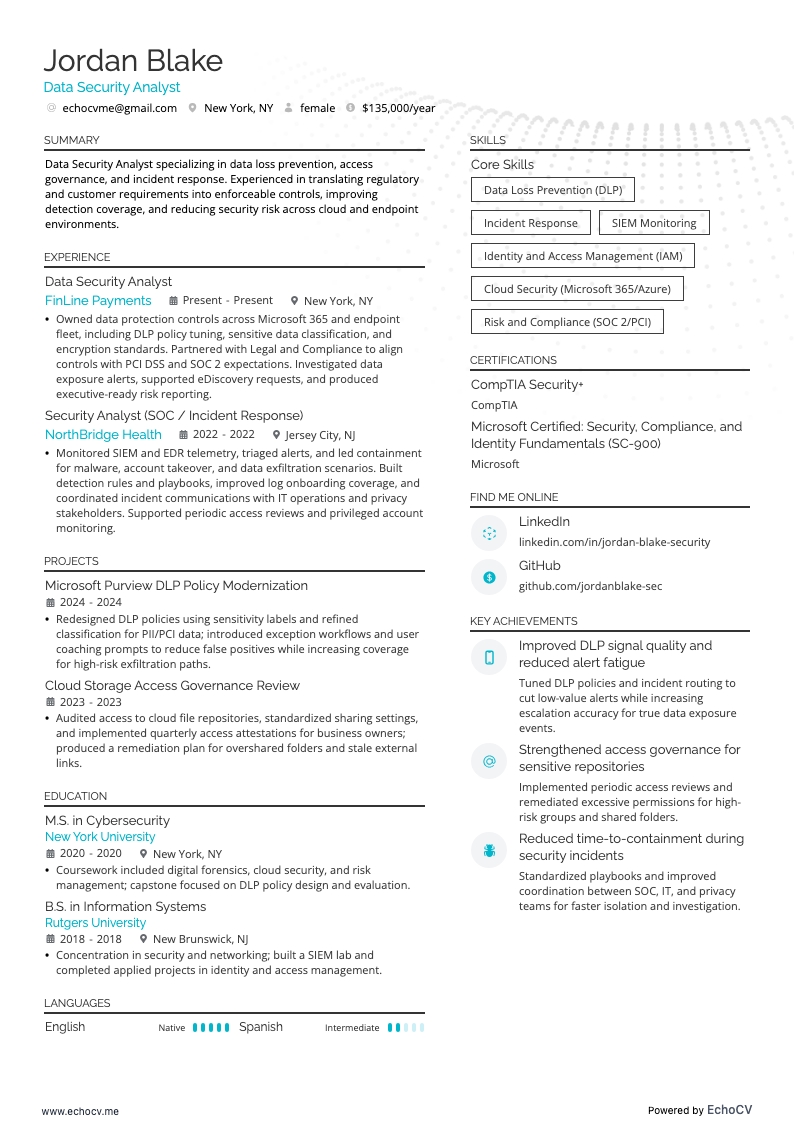 Data Security Analyst example resume