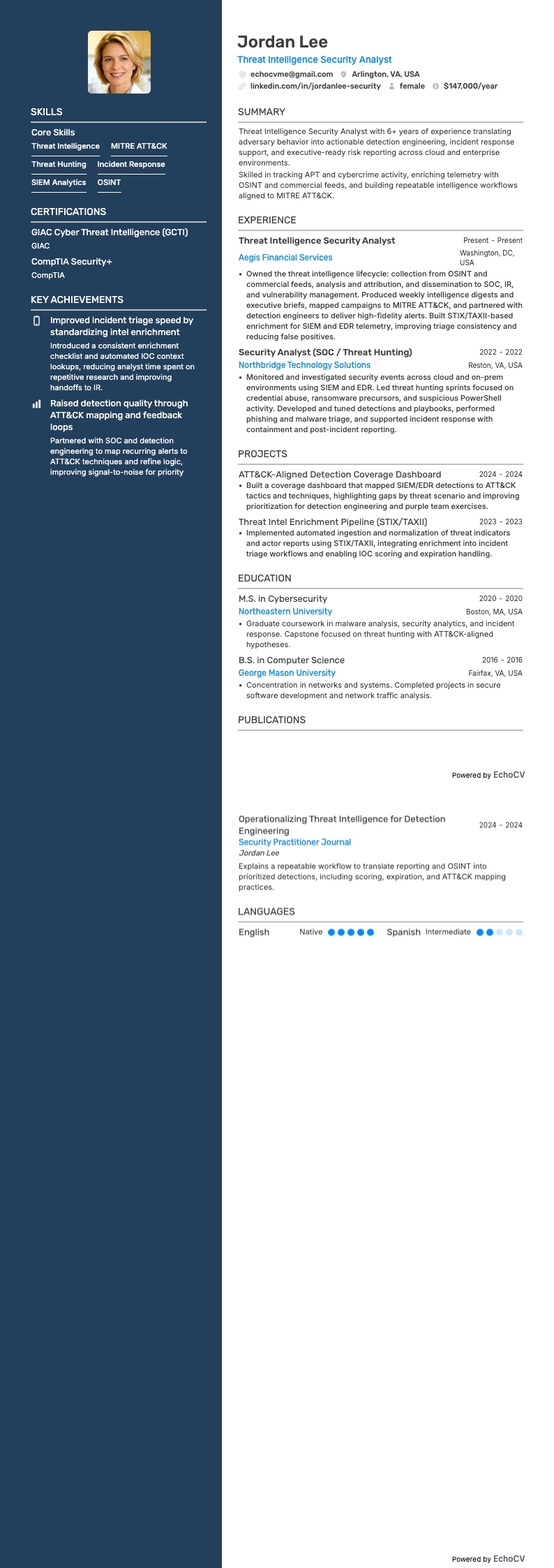 Threat Intelligence Security Analyst example resume