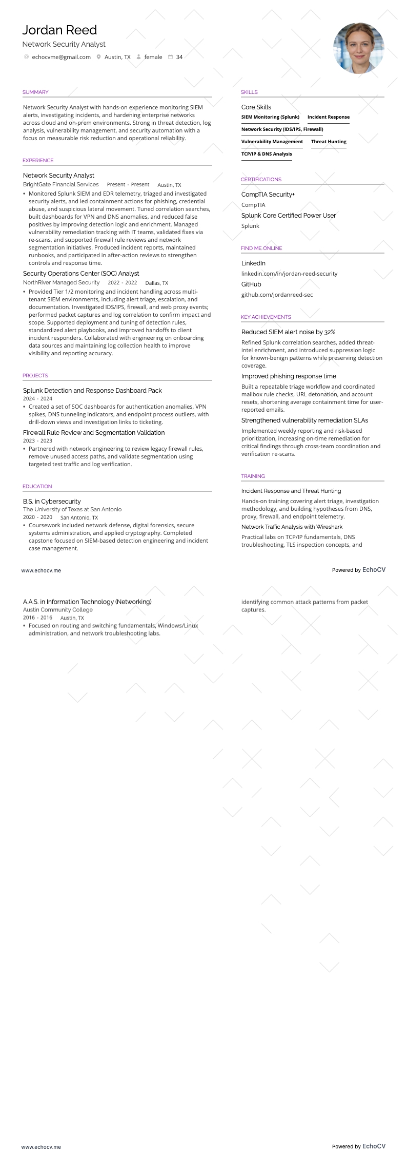 Network Security Analyst example resume