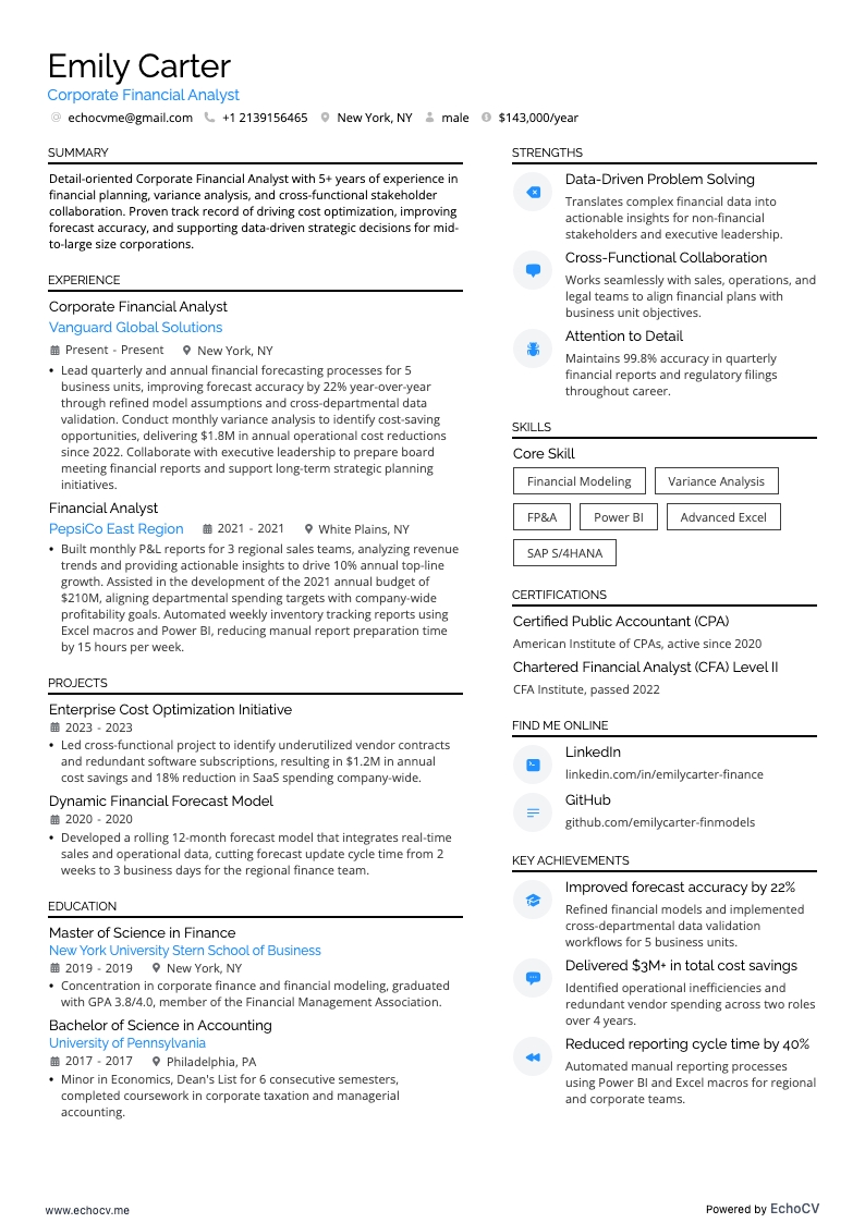Corporate Financial Analyst example resume