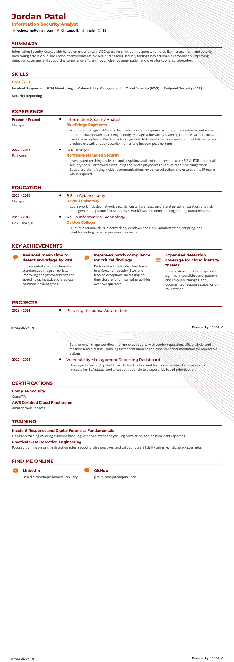 Information Security Analyst example resume
