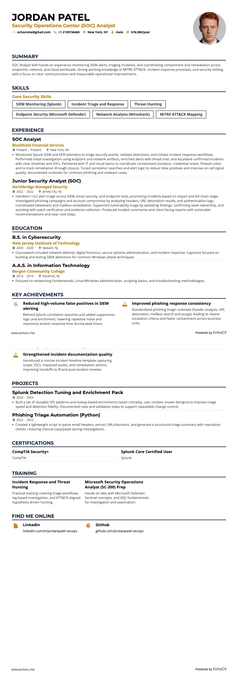 Analista de Centro de Operações de Segurança (SOC) resume example