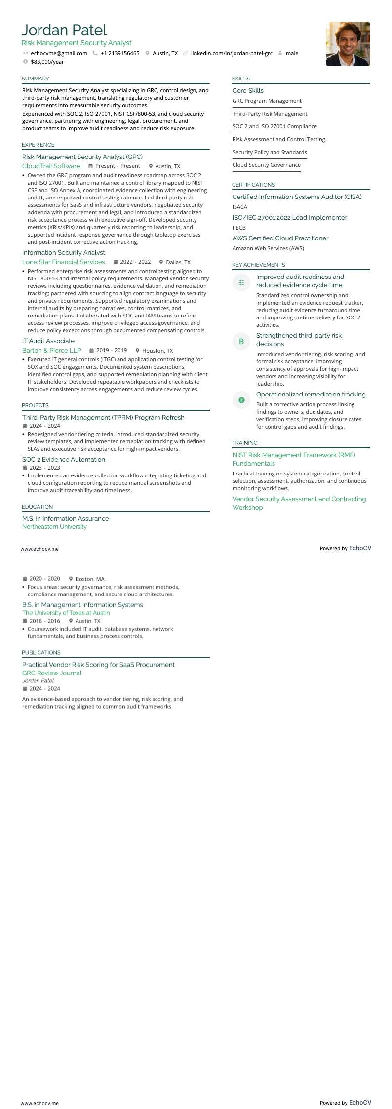 Risk Management Security Analyst example resume