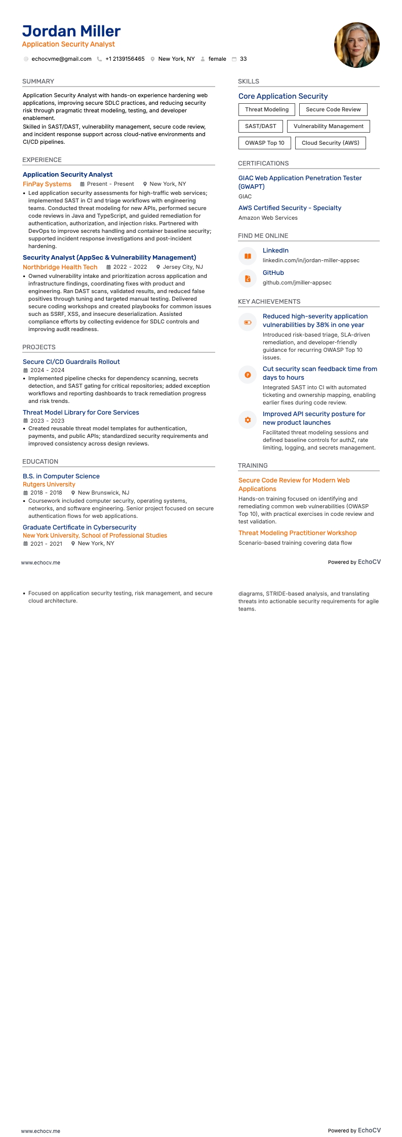 Application Security Analyst example resume