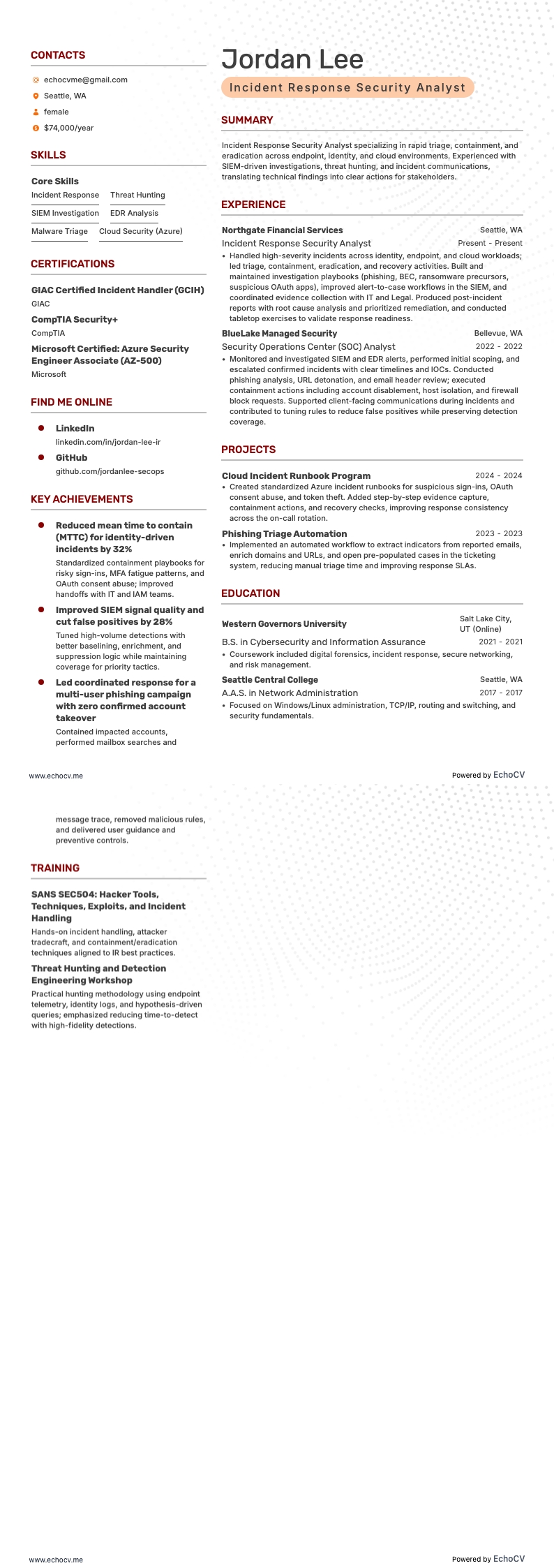 事件响应安全分析师 resume example