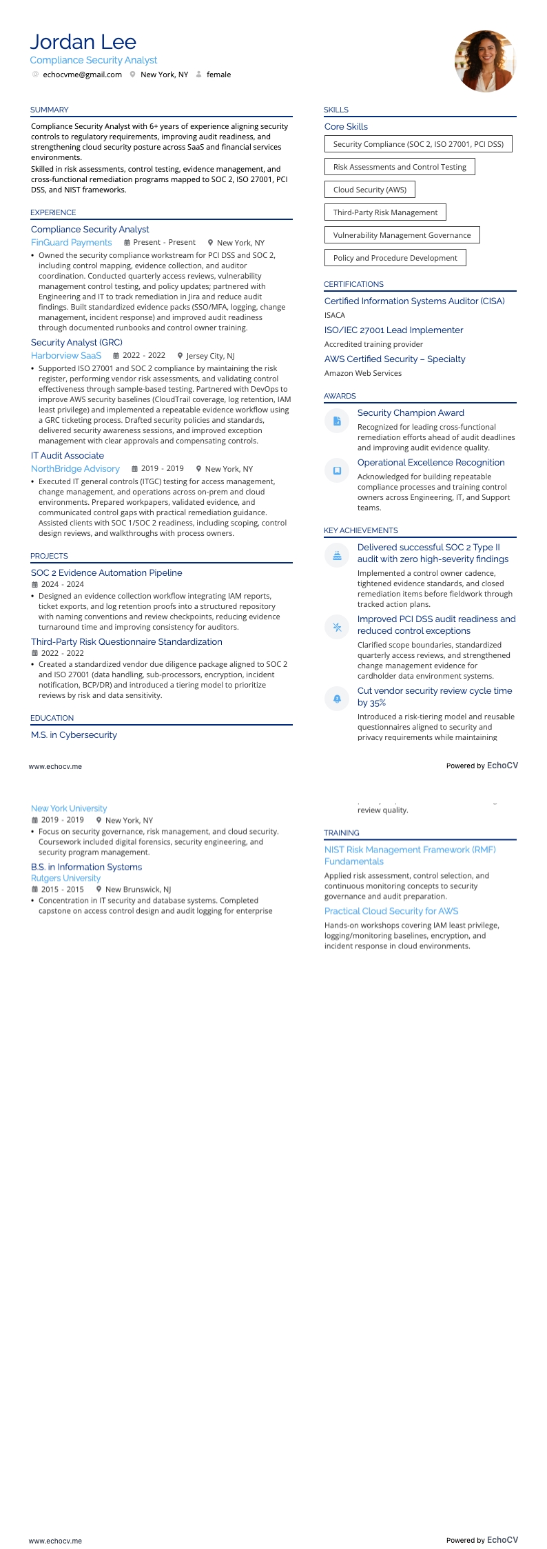 Compliance Security Analyst example resume