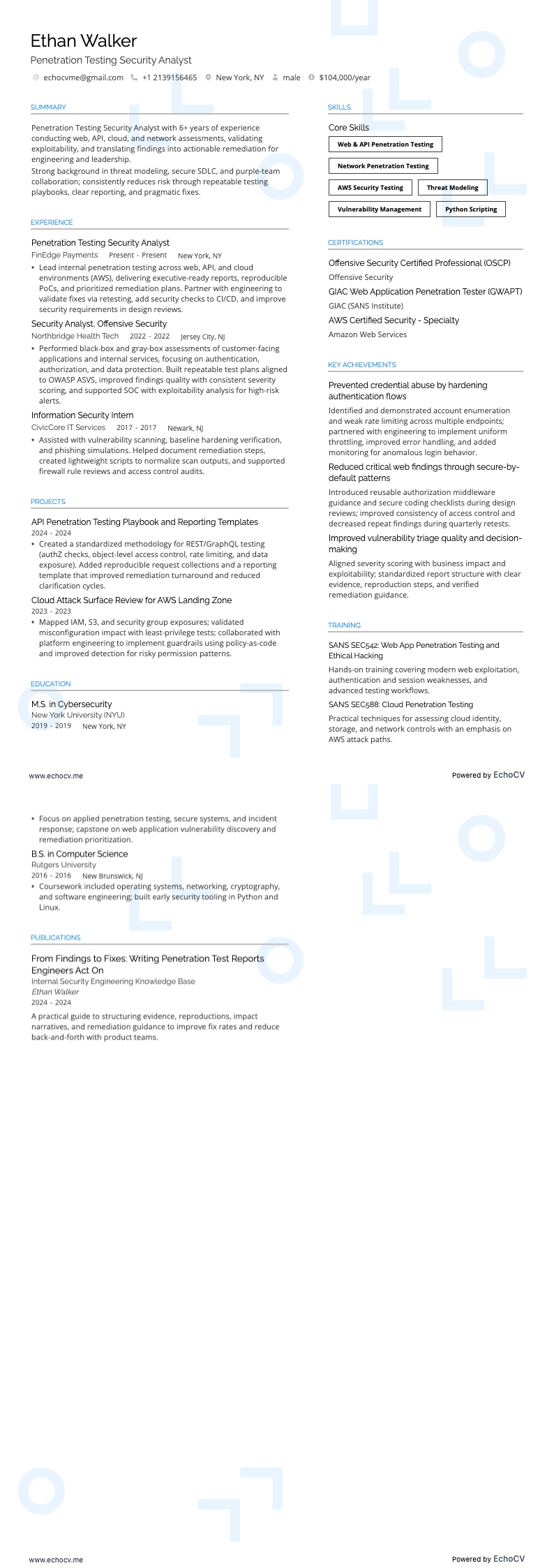 Penetration Testing Security Analyst example resume