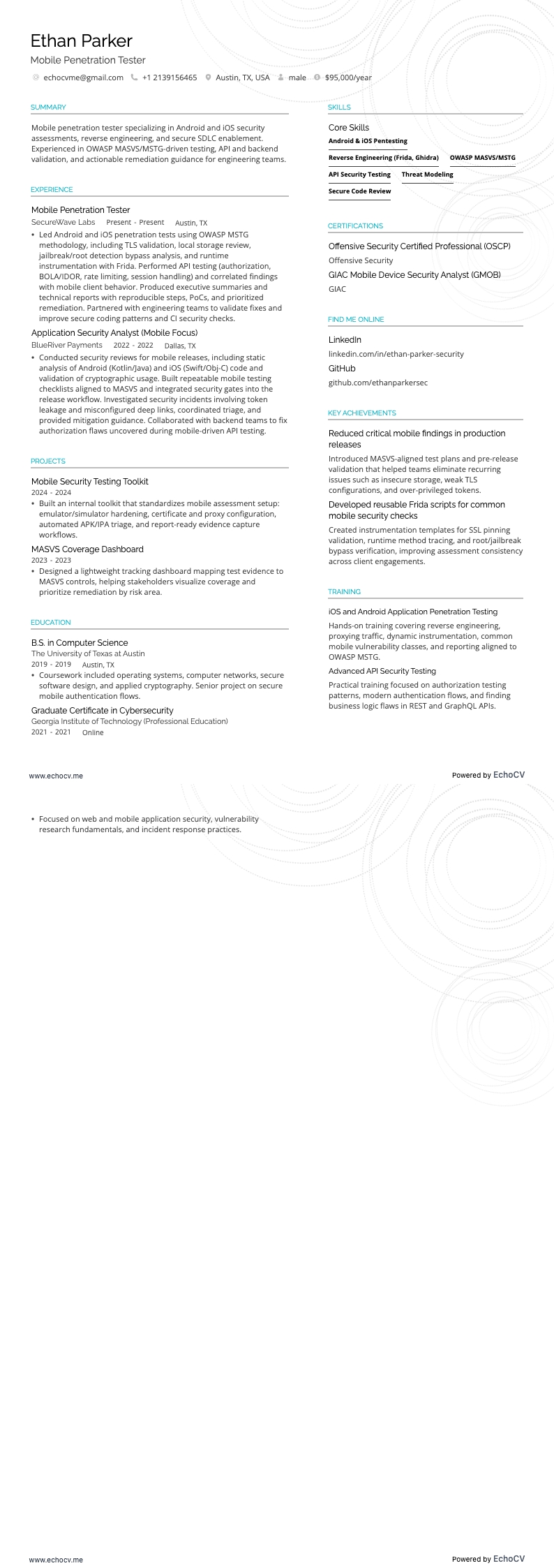 Mobile Penetration Tester example resume