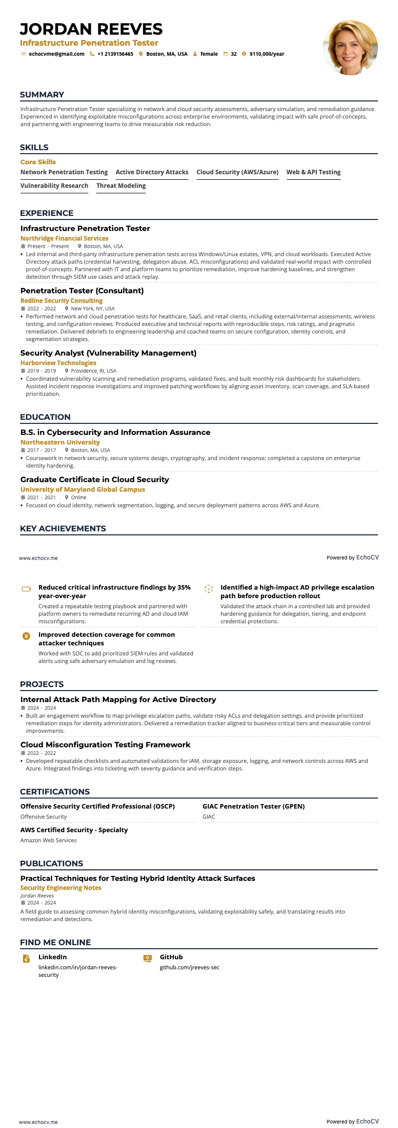 Infrastructure Penetration Tester example resume
