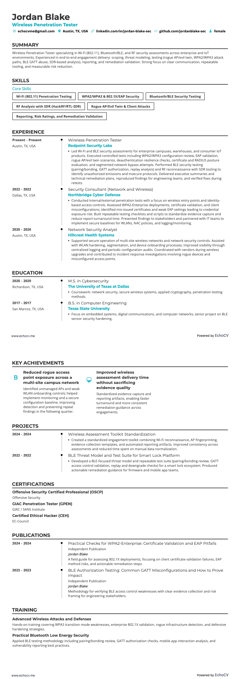 Wireless Penetration Tester example resume