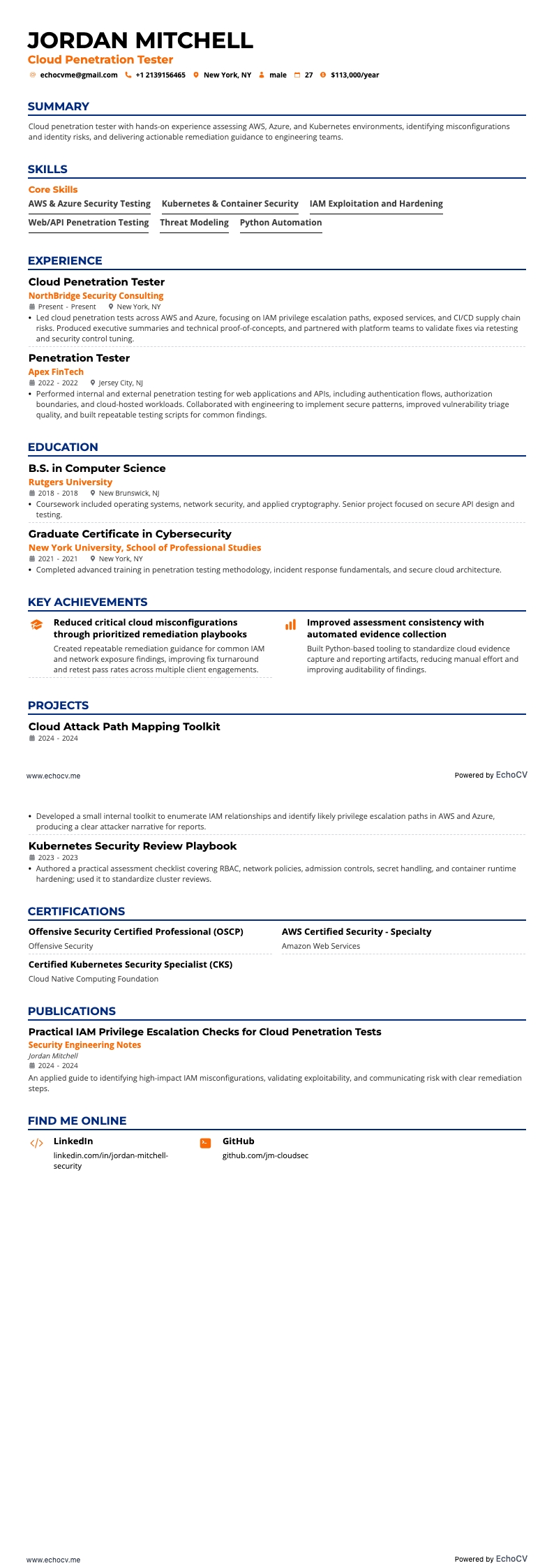 Cloud Penetration Tester example resume