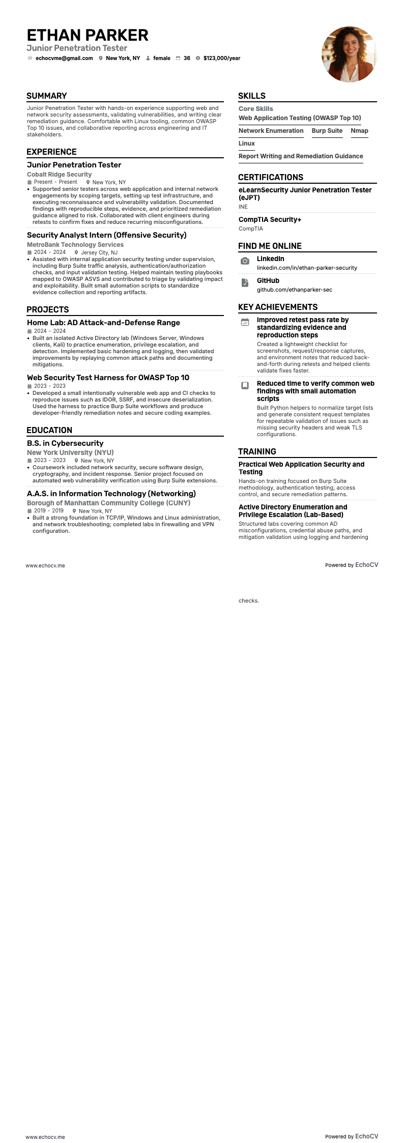 Junior Penetration Tester example resume
