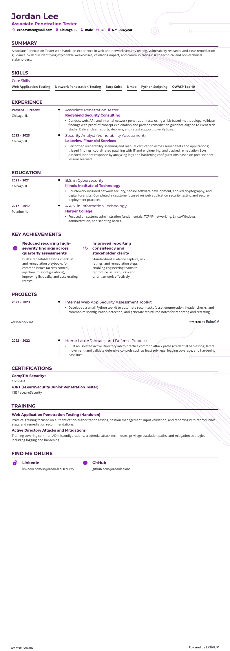 Associate Penetration Tester example resume